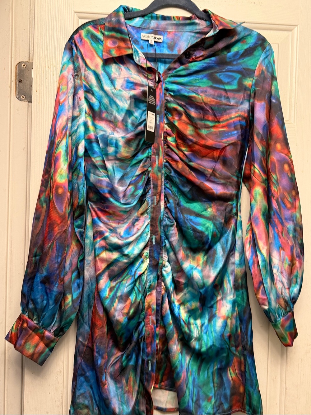 Fashion Nova Multicolor Ruched Satin Button-Down Shirt